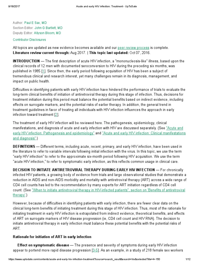 Acute and Early HIV Infection_ Treatment UpToDate Management Of Hiv