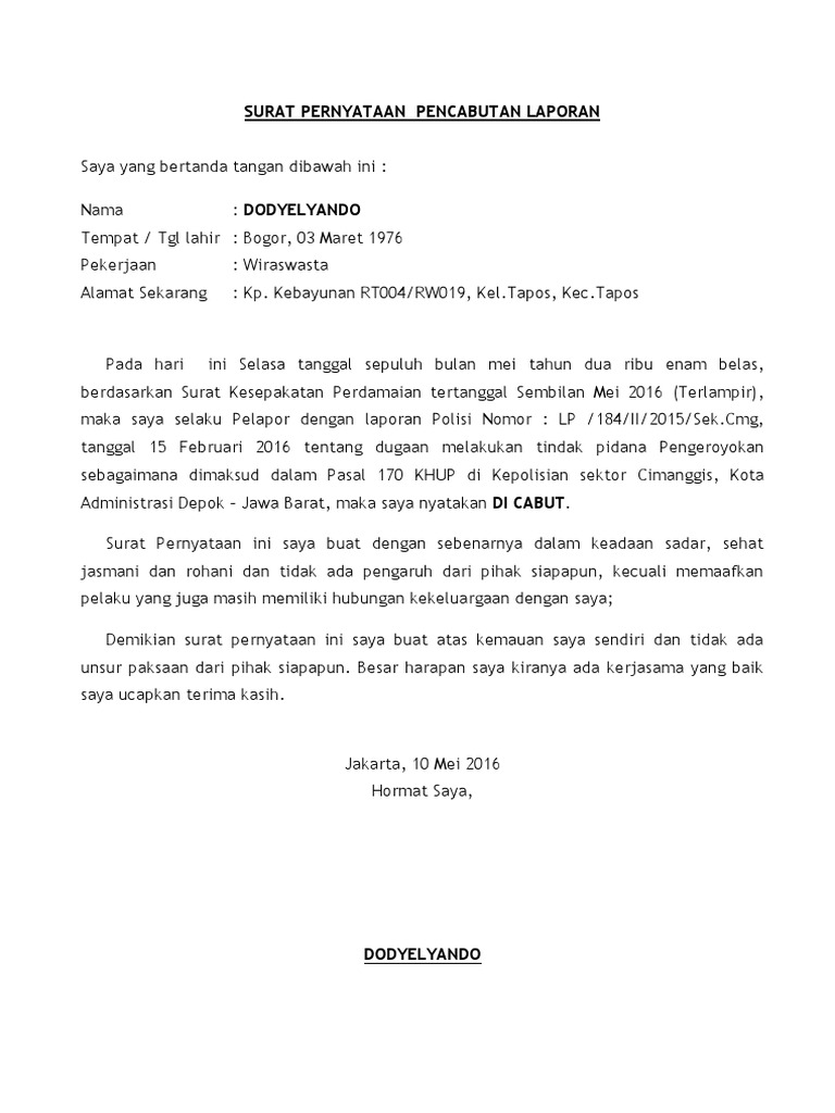Contoh Surat Kuasa Pencabutan Laporan Polisi Id Lif Co Id