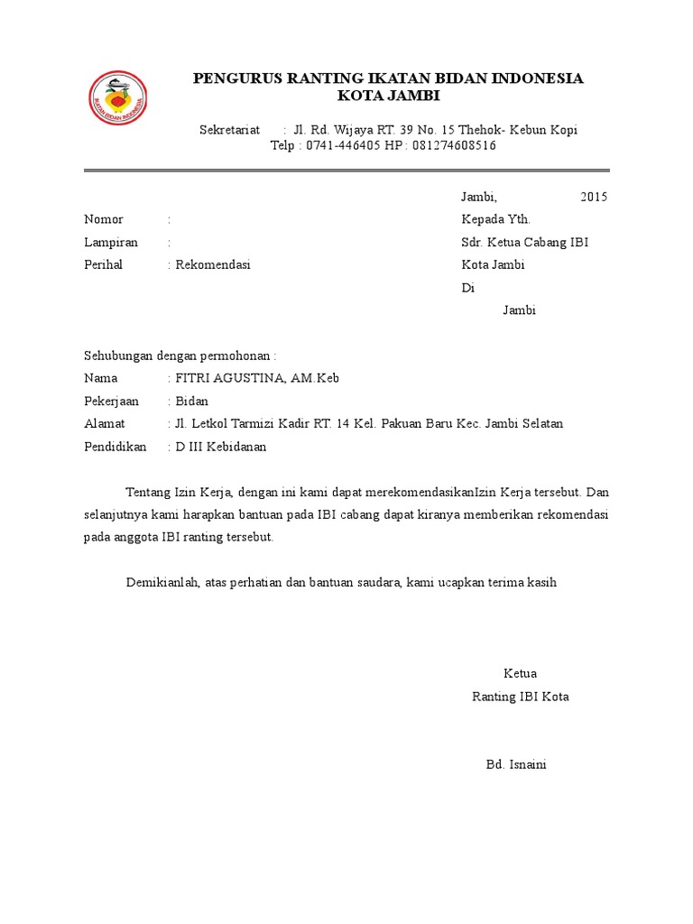 Contoh Surat Rekomendasi Ibi