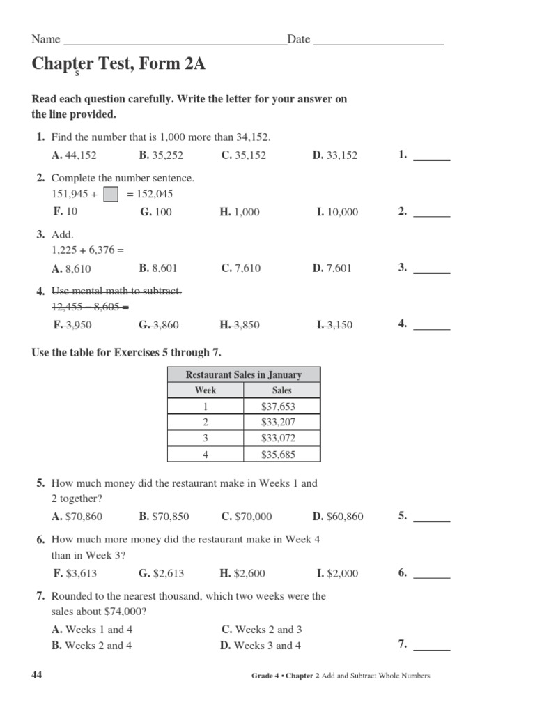 chapter 2 test form 2a | Numbers | Arithmetic