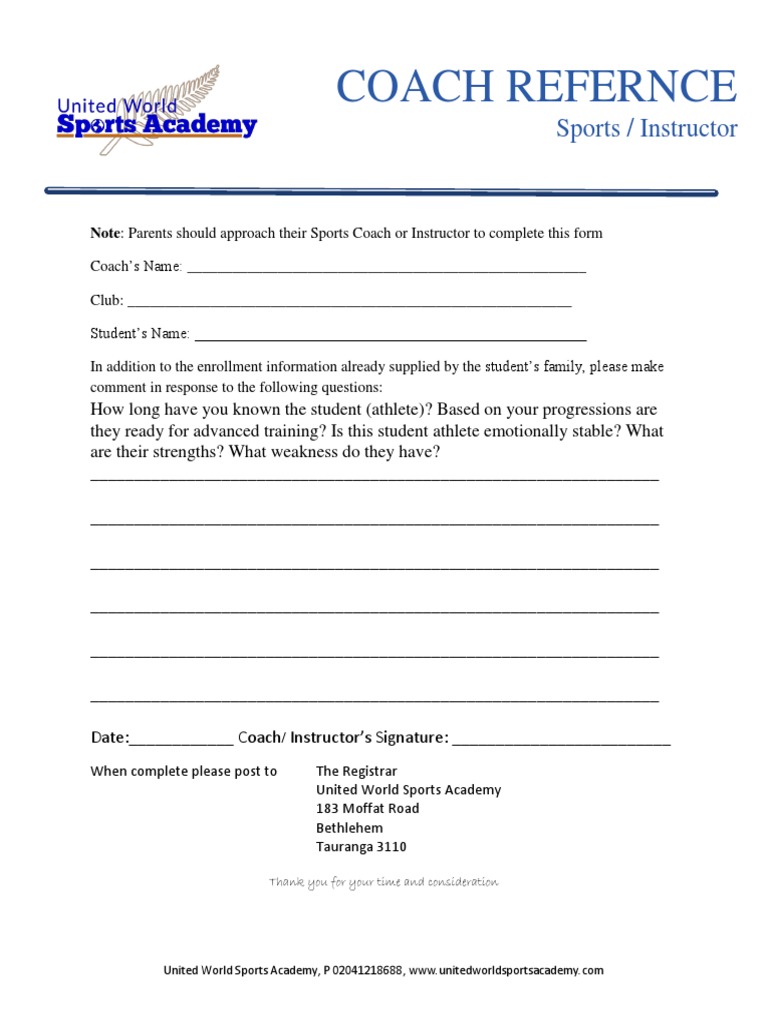 Coach Reference Form for Athletes | PDF | Sports & Recreation