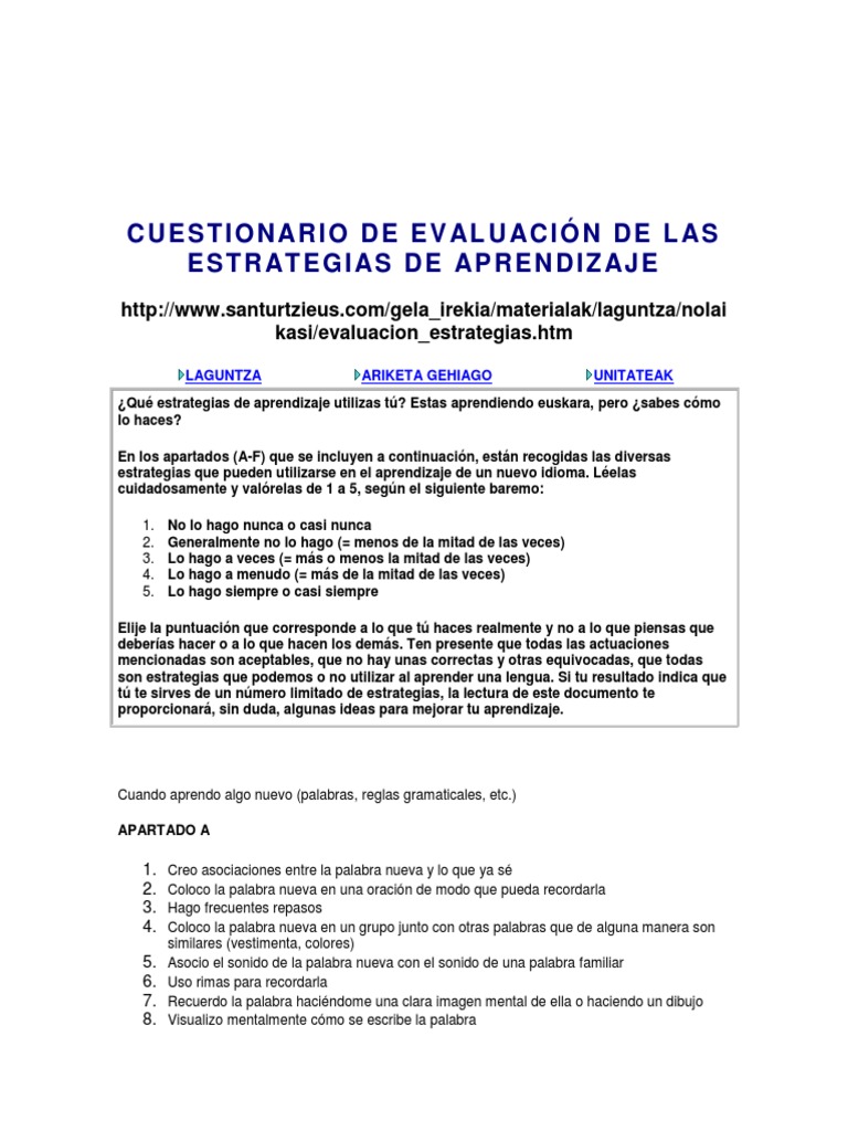 Cuestionario de Evaluación de Las Estrategias de Aprendizaje | PDF ...