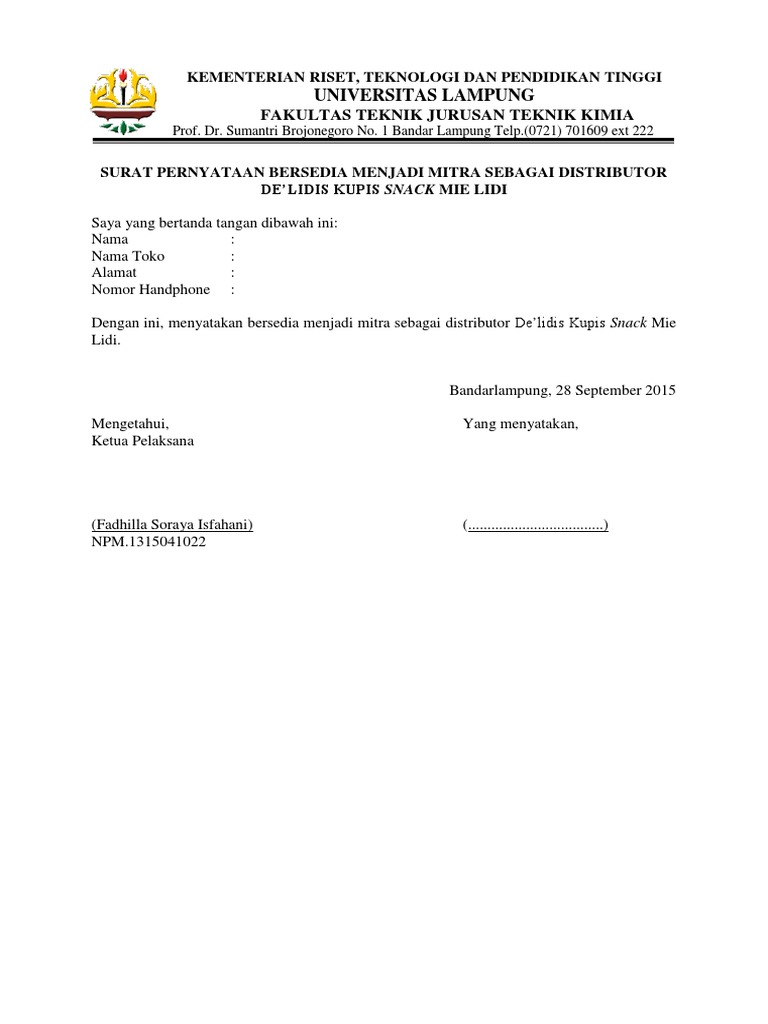 Surat Pernyataan Kerjasama Distributor PDF