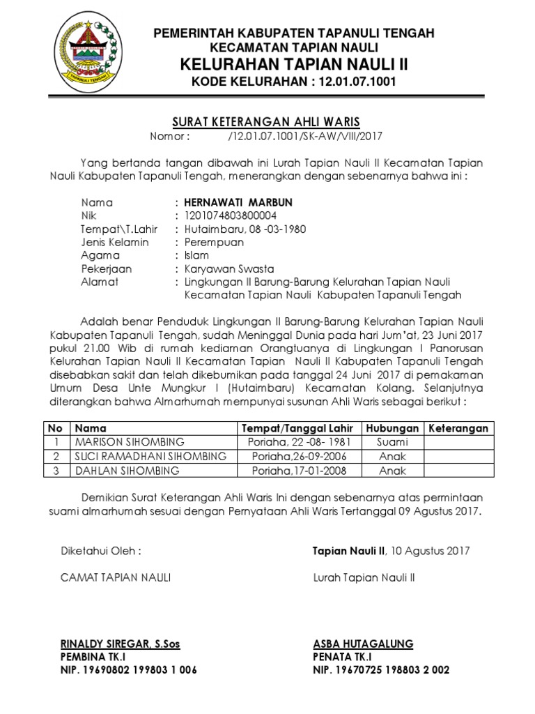 Syarat Surat Ahli Waris Kelurahan - Kumpulan Contoh Surat