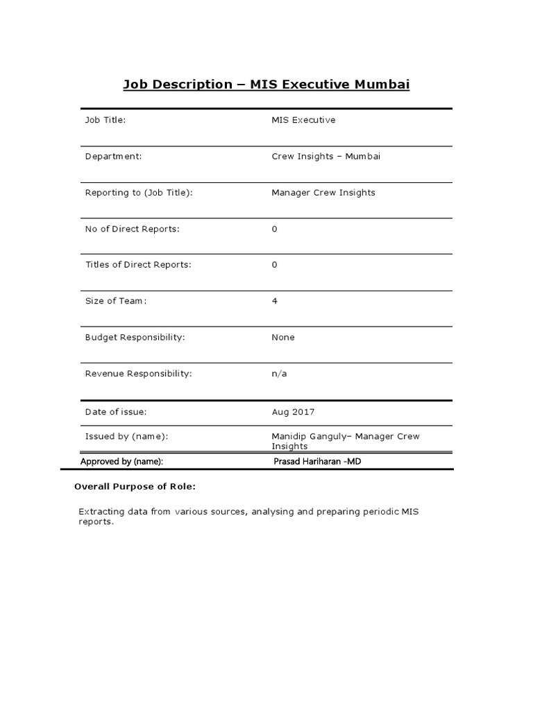 Job Description MIS Executive Mumbai Overall Purpose of Role PDF