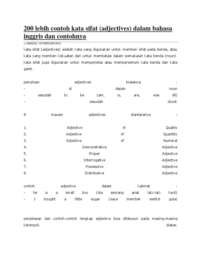 200 Lebih Contoh Kata Sifat | Adjektiva | Sintaksis