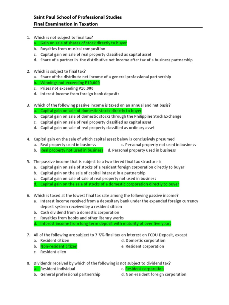 Final Exam Tax Special PDF Capital Gains Tax Withholding Tax