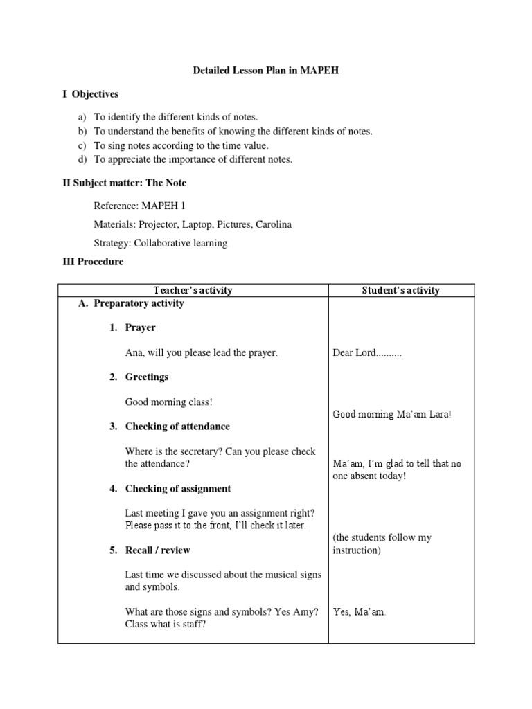 Detailed Lesson Plan in MAPEH | Lesson Plan | Education Theory
