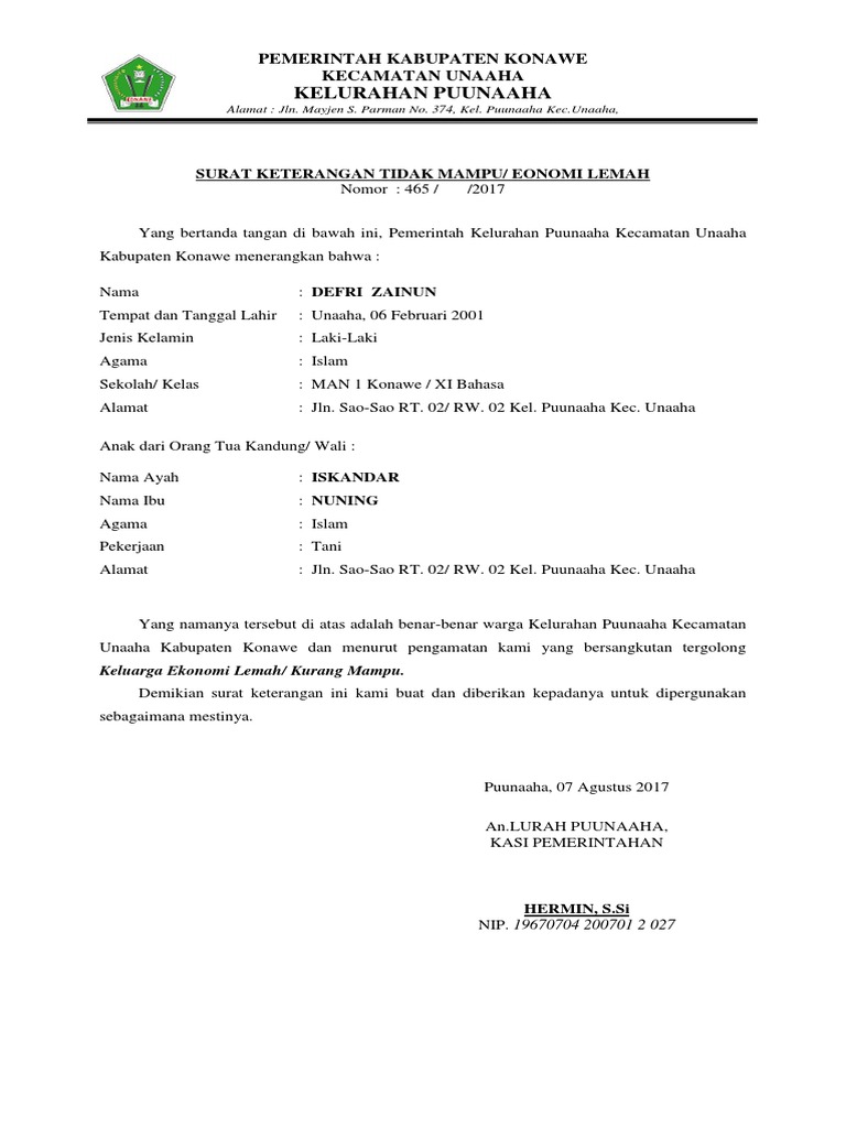 Surat Keterangan Tidak Mampu