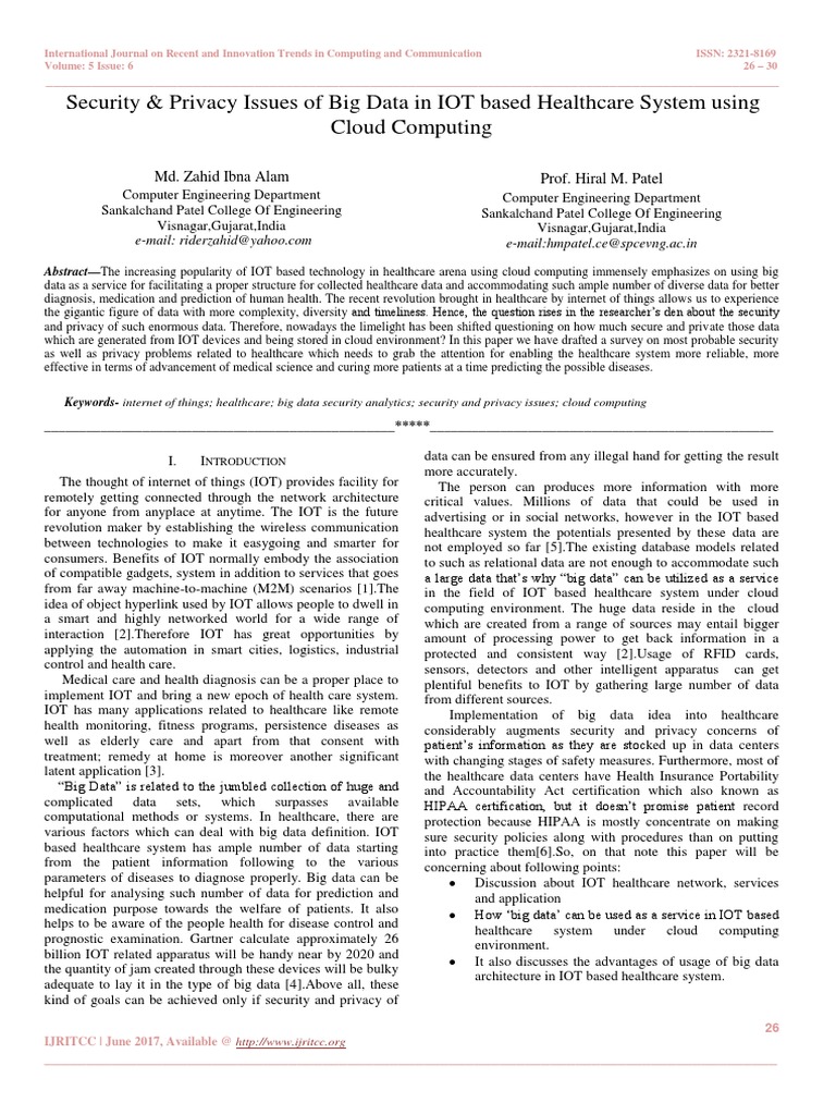Security & Privacy Issues of Big Data in IOT Based Healthcare System ...