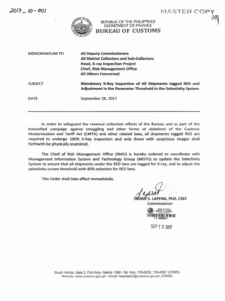 Bureau of Customs memo on Mandatory Xray Inspection of All Shipments