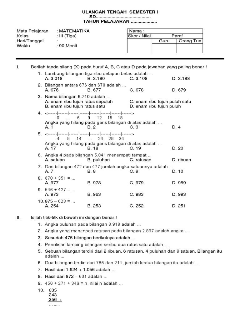 Soal UTS Matematika Kelas III SD | PDF | Metode & Bahan Ajar