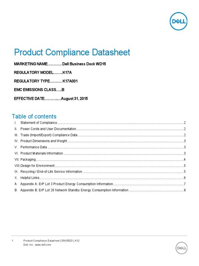 Dell Docking Station Wd15 K17a K17a001 Dell Regulatory And Environmental Datasheet Polyvinyl Chloride Regulatory Compliance