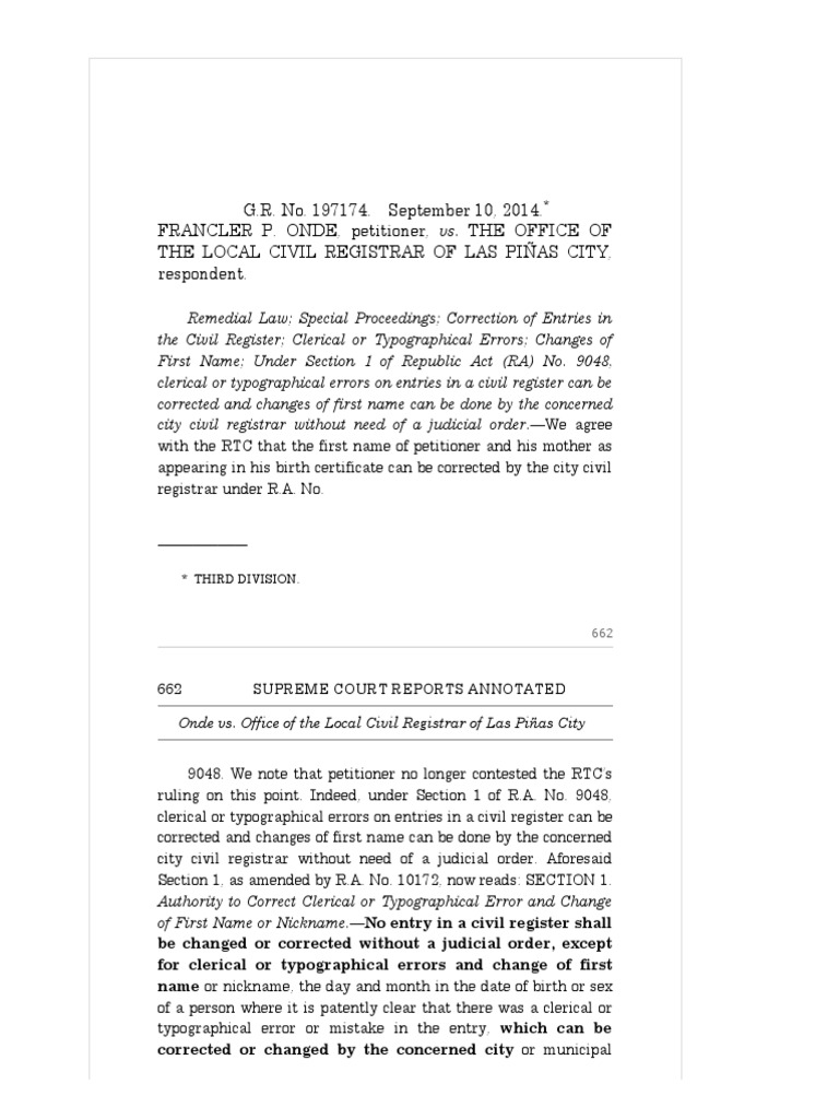 SCRA Onde v. CR of Las Pinas | PDF | Birth Certificate | Legitimacy ...