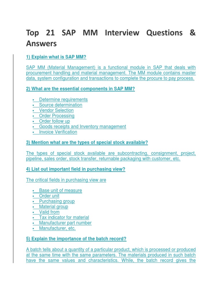 Top 22 SAP MM Interview Questions Business Industries Free 30day