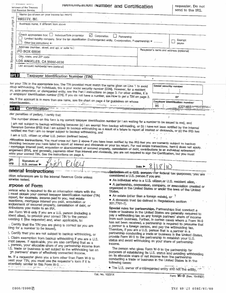 DIRECTV W9 W 9 Form For DIRECTV 2010 PDF