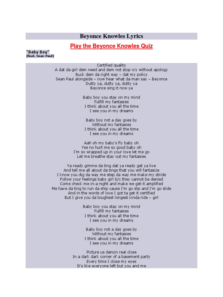 Beyonce Knowles Lyrics Leisure scribd