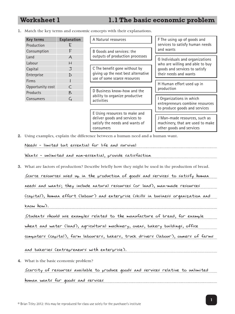Worksheet Answers 11  Factors Of Production  Economics Within Factors Of Production Worksheet
