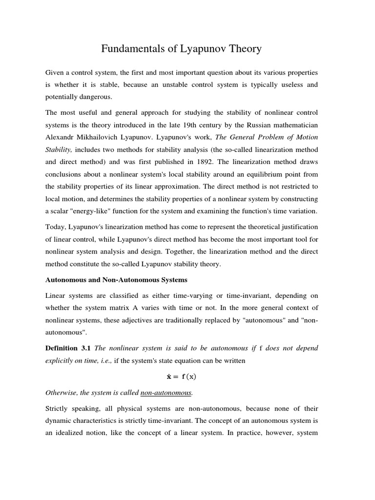 Lyapunov Stability Theory Explained | PDF | Stability Theory | Control ...