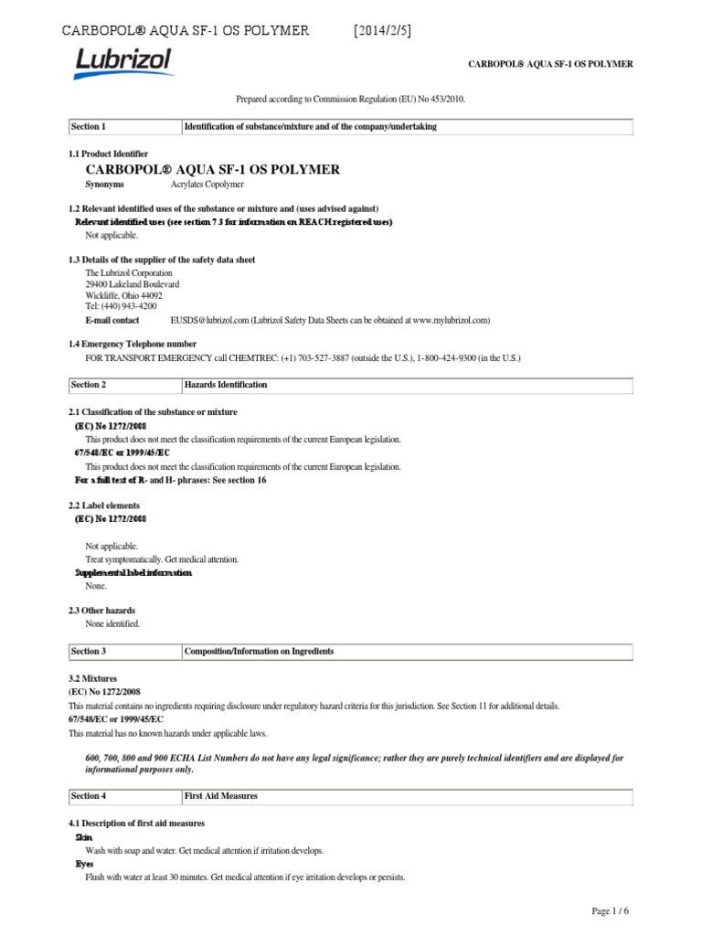 Aqua SF1 Os (MSDS) PDF Toxicity Dangerous Goods