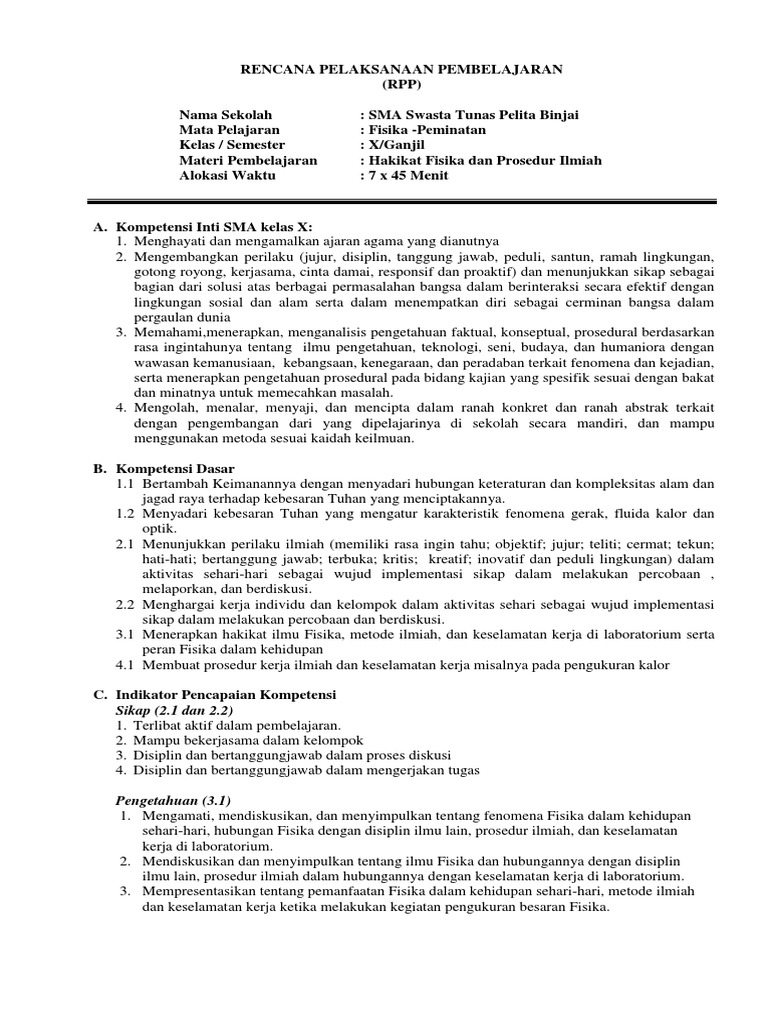 Rpp 1 Hakikat Fisika Dan Prosedur Ilmiah