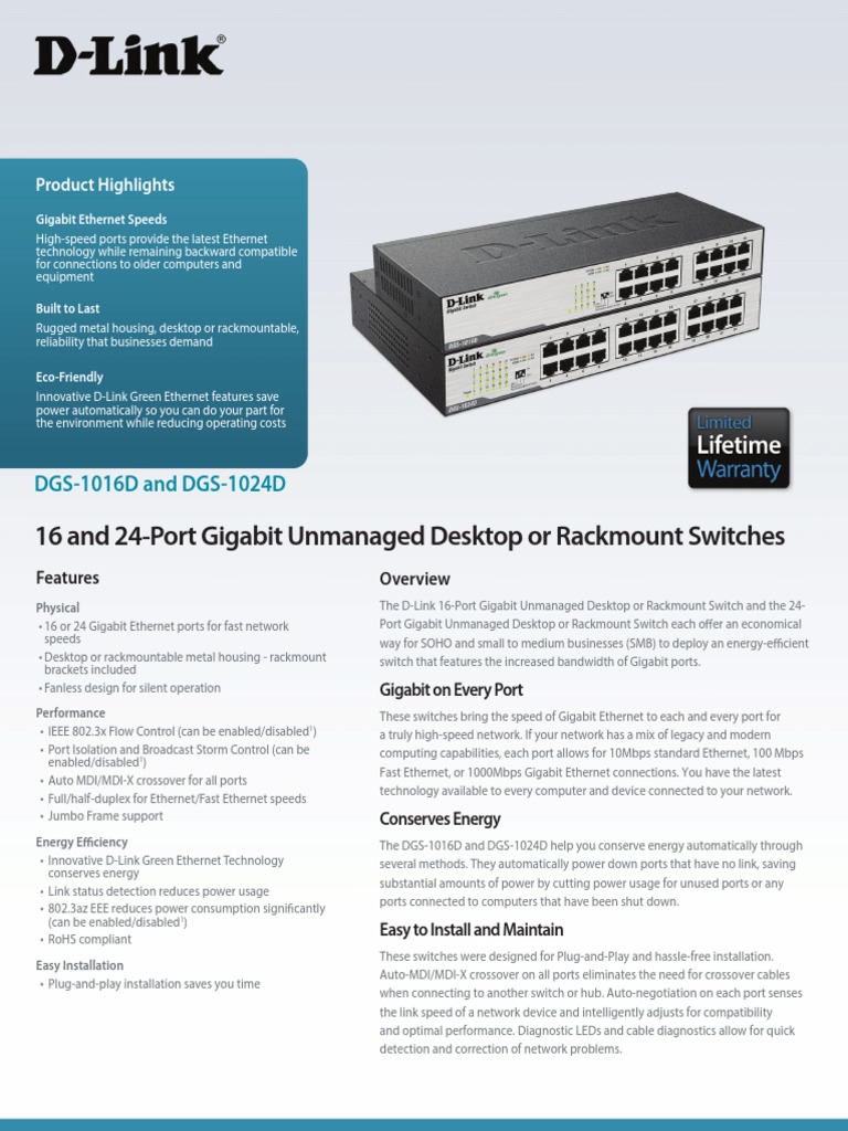 DGS 1016D Datasheet | PDF | Ethernet | Network Switch