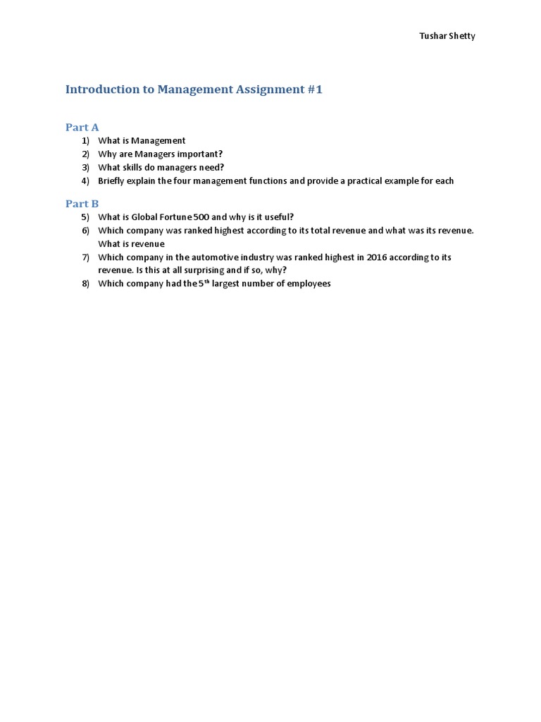 Introduction To Management Assignment #1: Part A | PDF