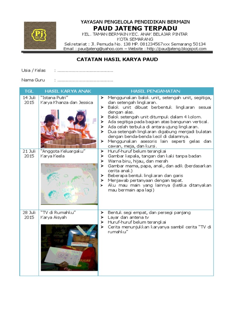 2 Contoh Catatan Hasil Karya Paud K 13