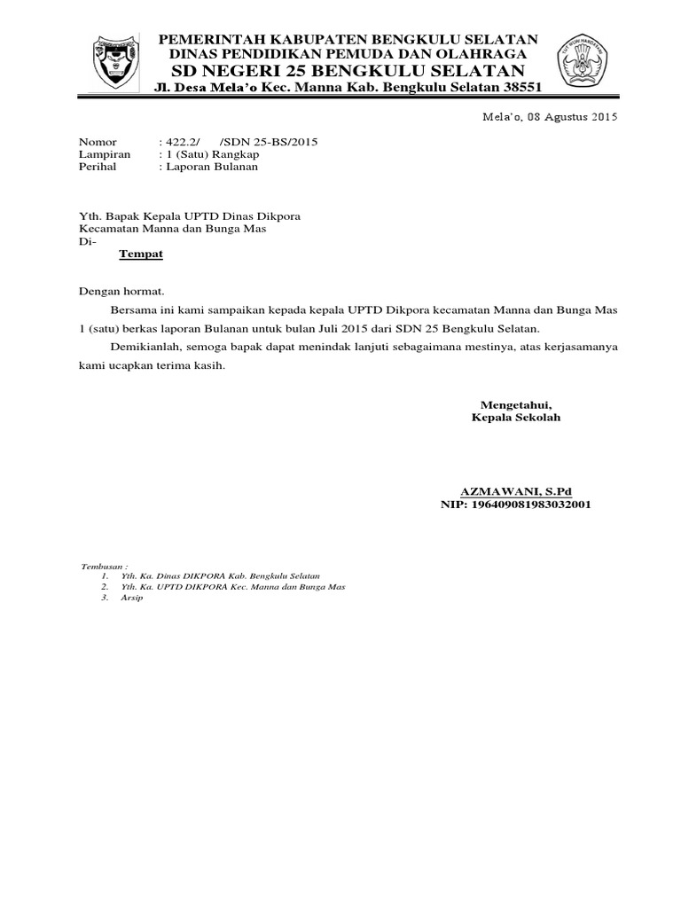 Surat Pengantar Laporan Bulanan