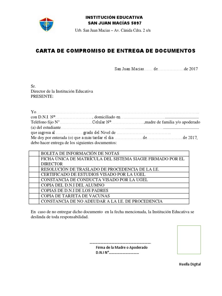 Carta de Compromiso de Entrega de Documentos  Informática y tecnología