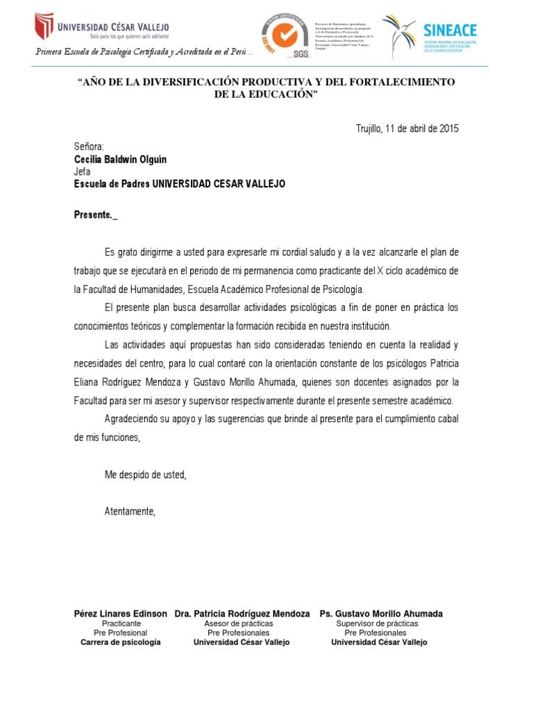 Carta de Entrega de Plan de Trabajo Sicología y ciencia cognitiva