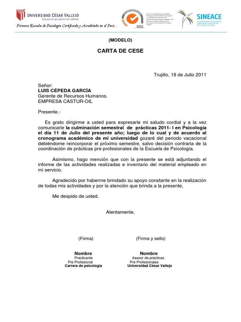 Modelo De Carta De Cese PDF Sicolog a Science