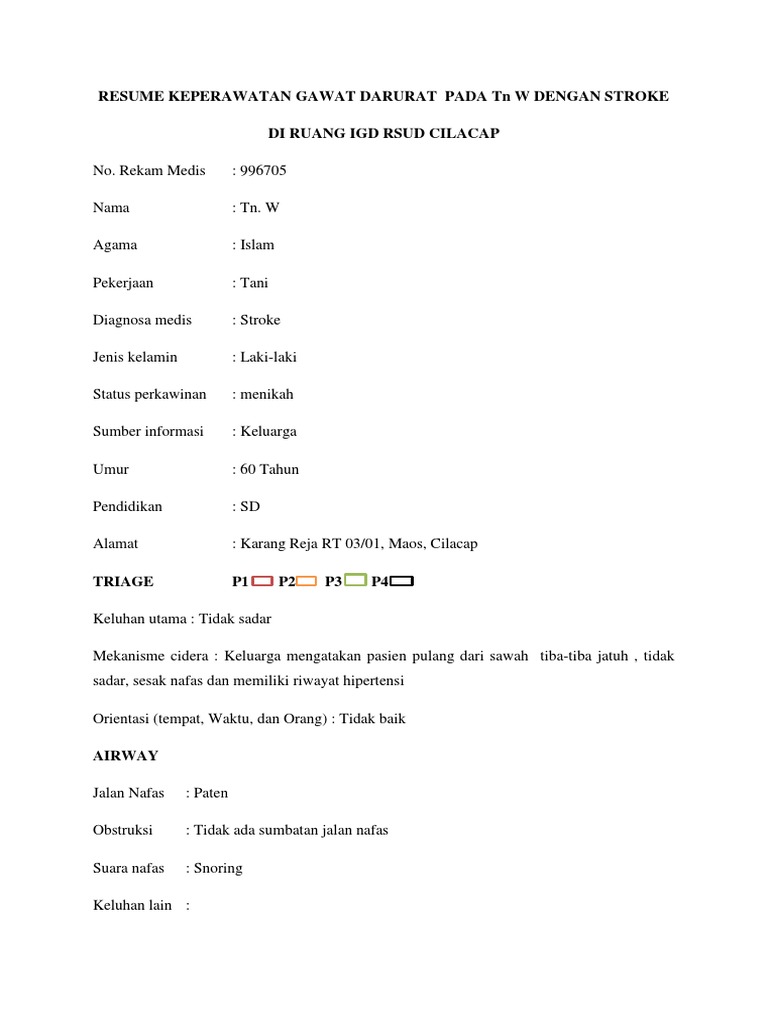 Resume Keperawatan Gawat Darurat Pada TN W Dengan Stroke Burhan | PDF