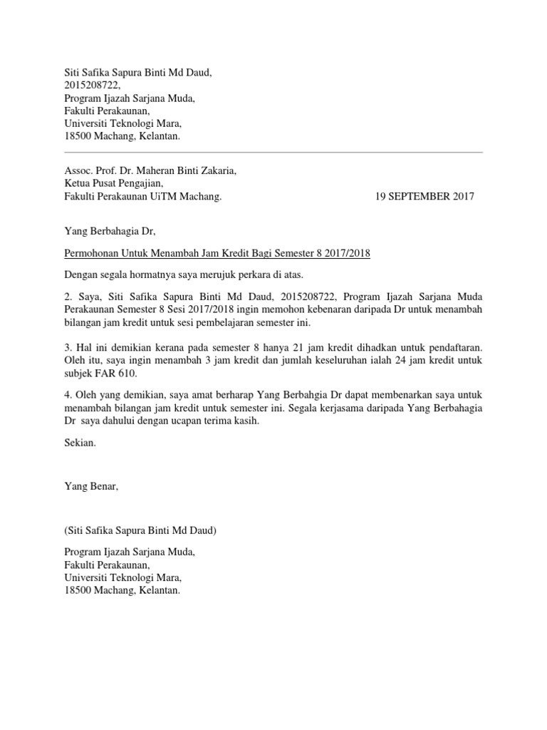 Contoh Surat Permohonan Tambah Semester