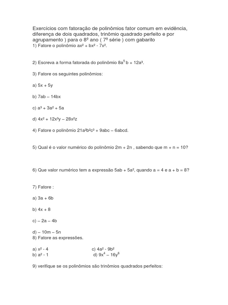 Exercicios De Matematica Sobre Fatoração De Polinomios