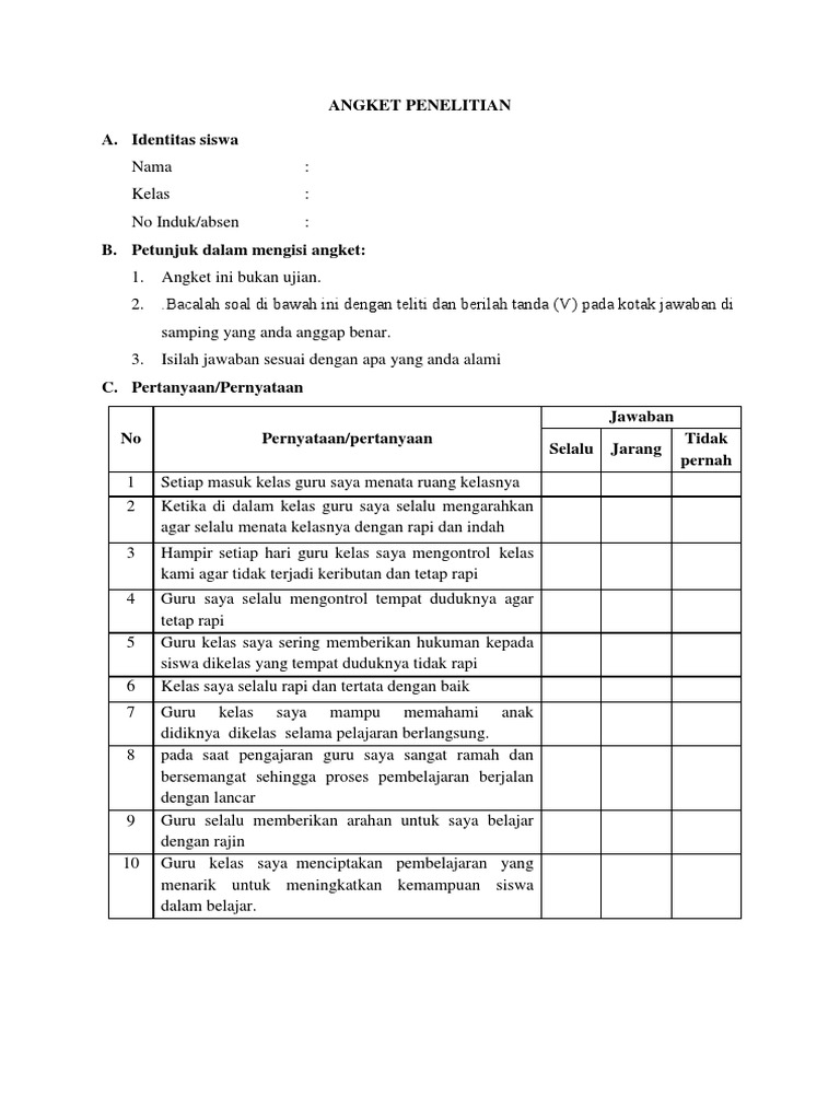 Contoh Angket Penelitian Siswa | PDF | Seni & Disiplin Bahasa ...