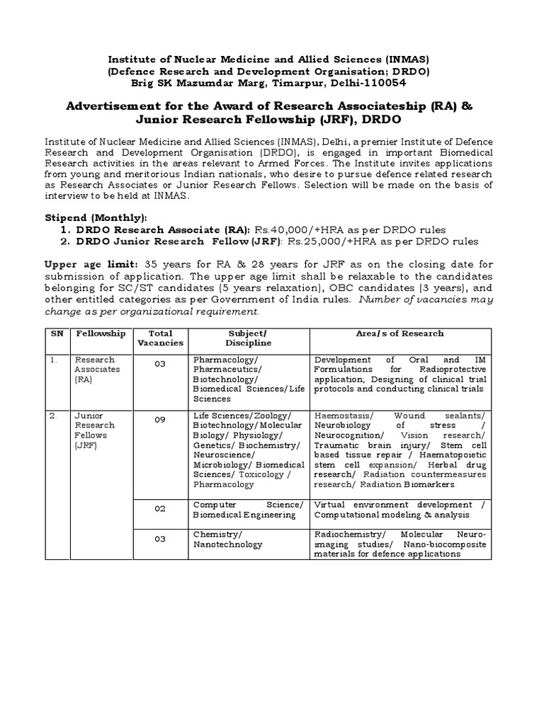 INMAS Research Fellowship Opportunities | PDF | Biomedical Engineering ...