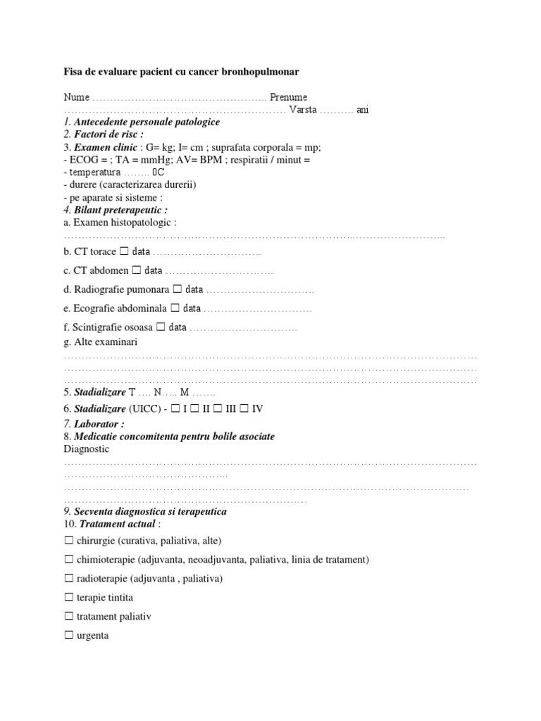 Fisa de Evaluare Pacient Cu Cancer Bronhopulmonar | PDF