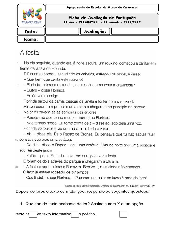 Avaliação Trimestral de Português 3º Ano | PDF | Idiomas