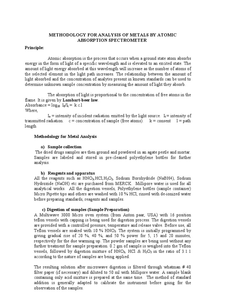 Methodology For Analysis of Metals by Atomic Absorption Spectrometer