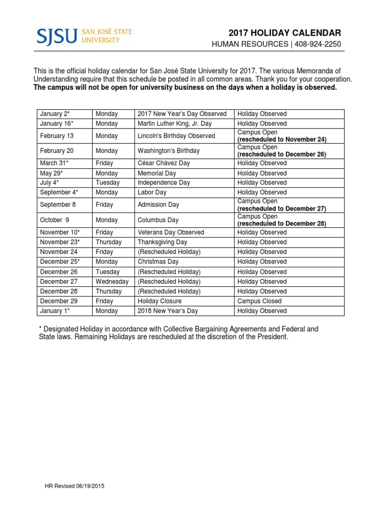 SJSU Holiday Calendar 2017 | PDF | Public Holiday | Holidays