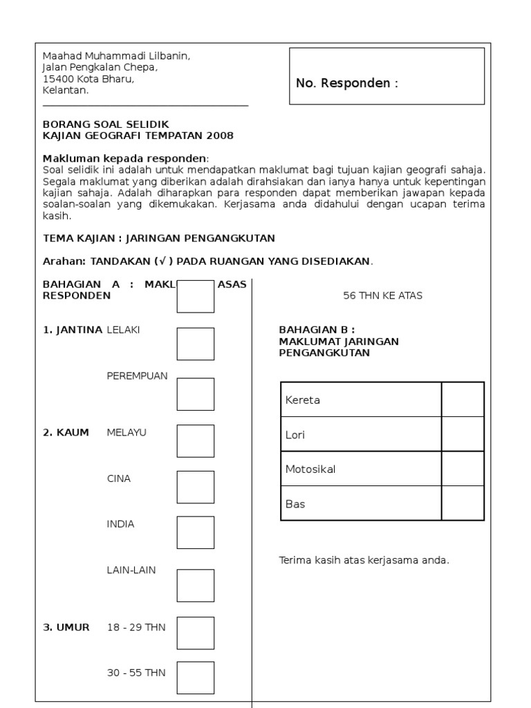 Borang Soal Selidik Geografi Tingkatan 2 Pengangkutan Awam