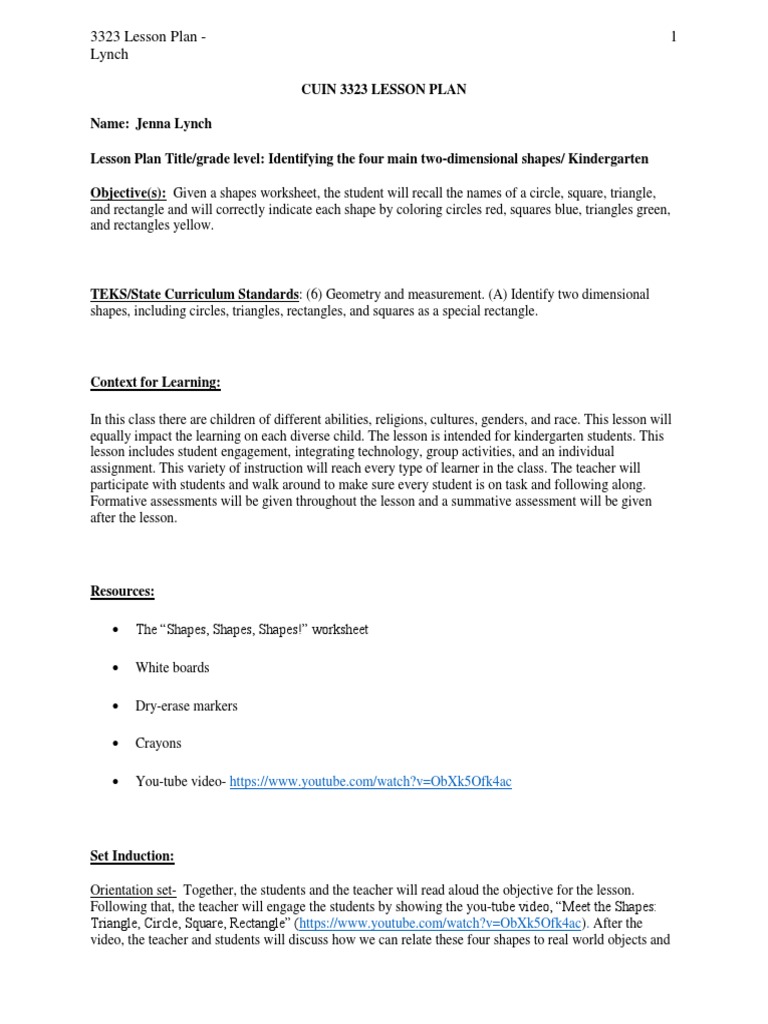 Beginning Kindergarten-Shapes-Lynchjenna | PDF | Lesson Plan | Shape