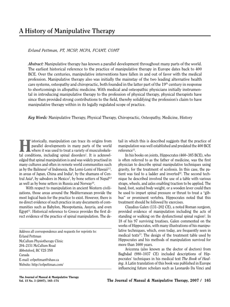 A History of Manipulative Therapy PDF Chiropractic Physical Therapy