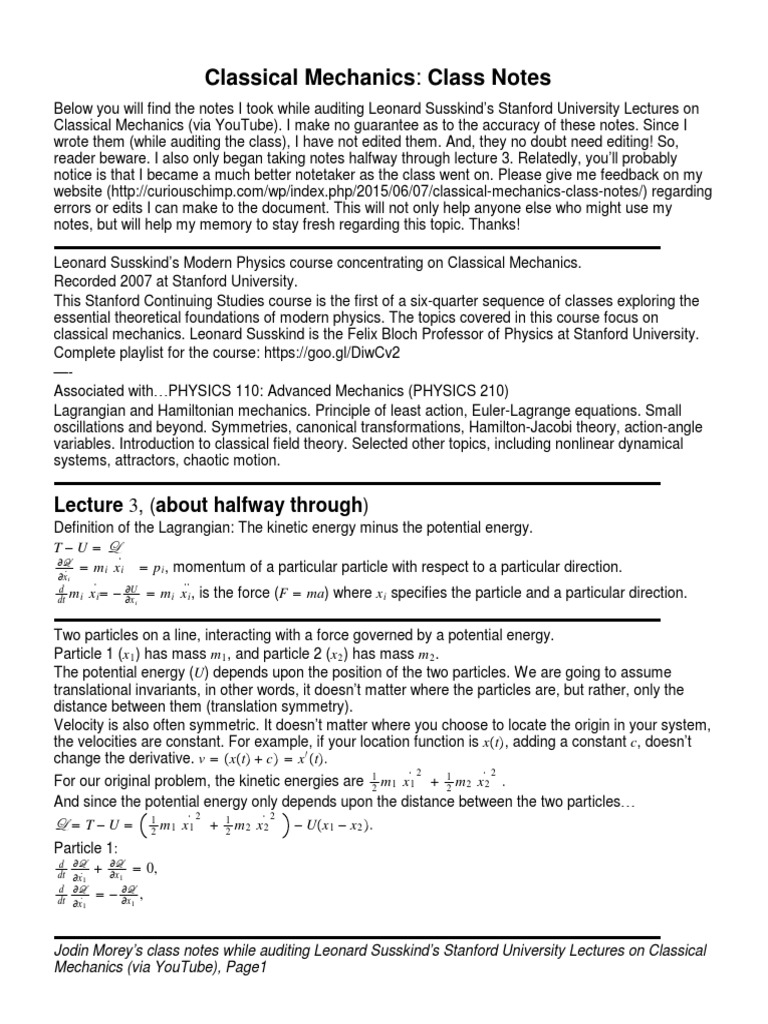 Classical Mechanics Leonard Susskind ClassNotes | PDF | Lagrangian ...