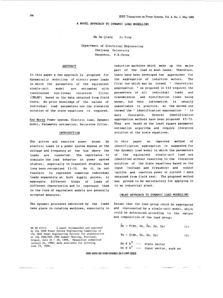 1989 - A Novel Approach To Dynamic Load Modelling | PDF | Kalman Filter ...