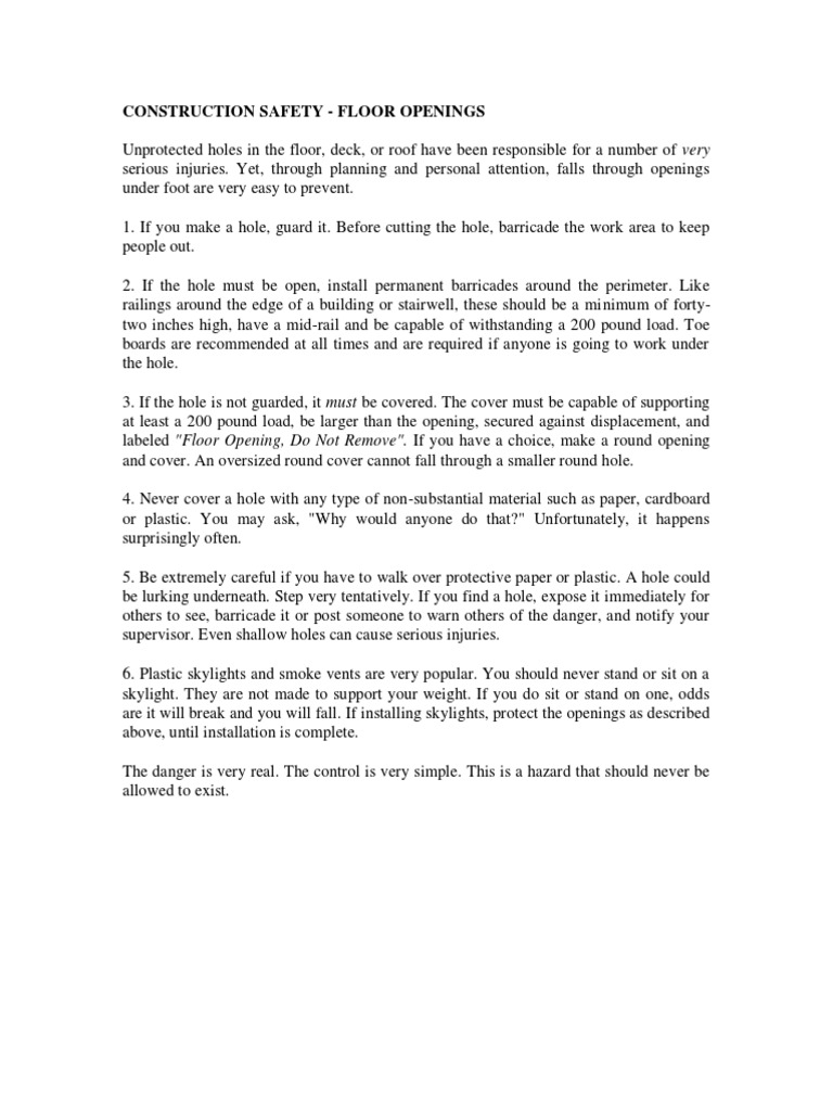 Construction Safety - Guard Floor Openings | PDF