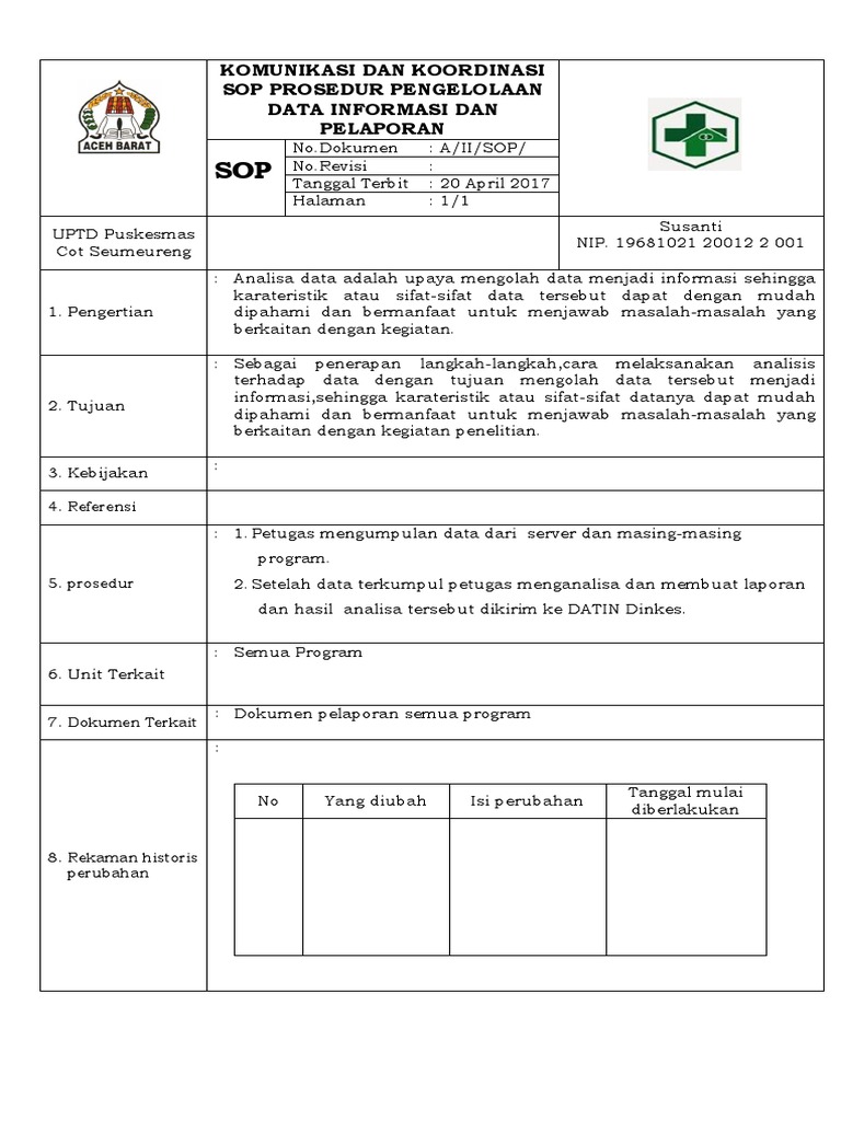 Sop Prosedur Pengelolaan Data Informasi Dan Pelaporan