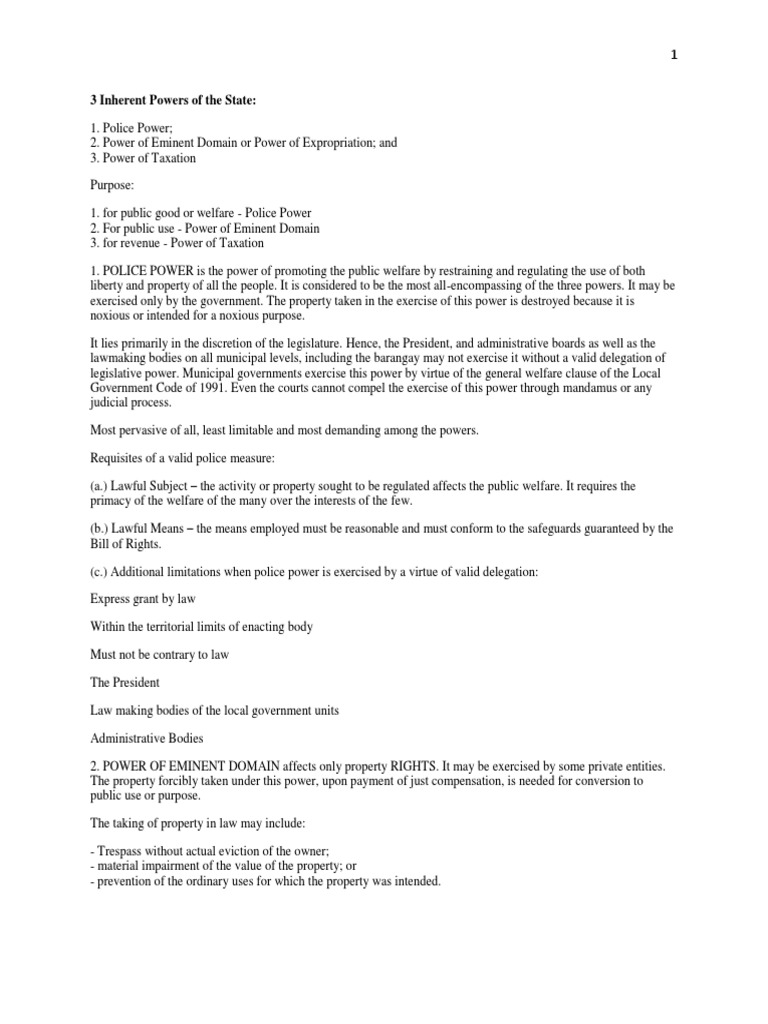 Inherent Powers of the State Explained | PDF | Eminent Domain | Police ...