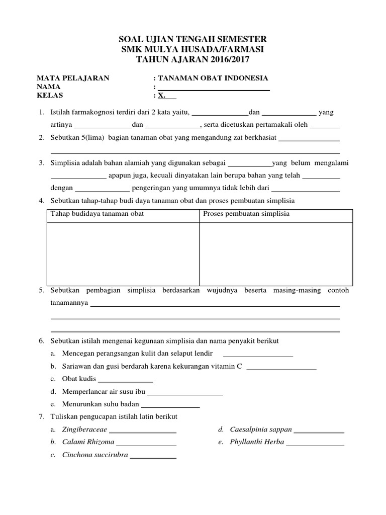 Soal Ujian Tengah Semester Tanaman Obat Indonesia